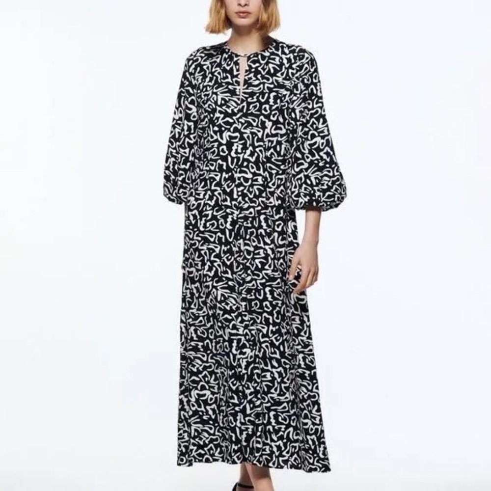 🖤🤍ZARA Black & White PRINTED MAXI DRESS🤍🖤 size XL